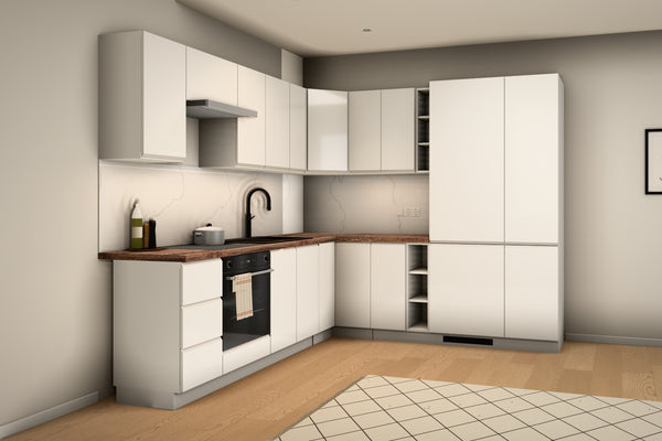 L-Küche Velmora Weiß Hochglanz – 270 × 240 cm – mit Kühl- und Vorratshochschrank – K94-G270