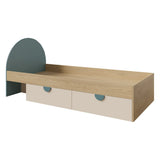 Lexi Bett mit 2 Schubladen (ohne Matratze) in Cremona Eiche / Macadamia / Meeresblau