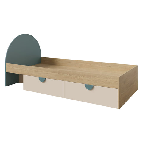 Lexi Bett mit 2 Schubladen (ohne Matratze) in Cremona Eiche / Macadamia / Meeresblau