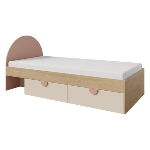 Lexi Bett mit 2 Schubladen (ohne Matratze) in Cremona Eiche / Macadamia / Puderrosa – Ansicht 2