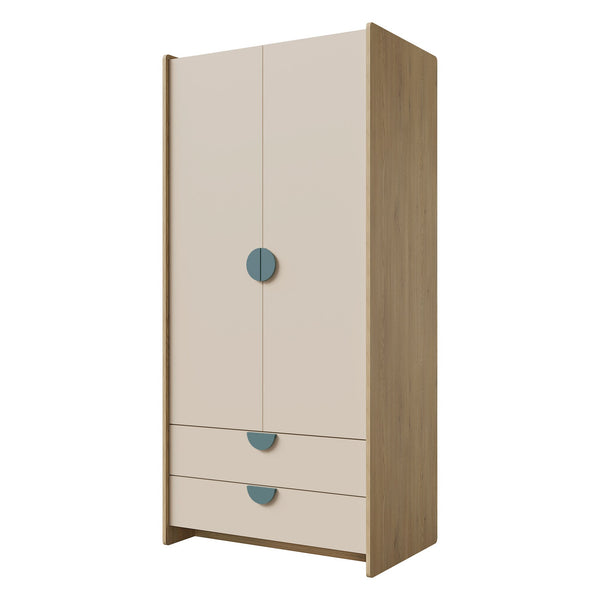 Lexi Kleiderschrank 83 cm mit 2 Türen und 2 Schubladen – Cremona Eiche / Macadamia / Meeresblau