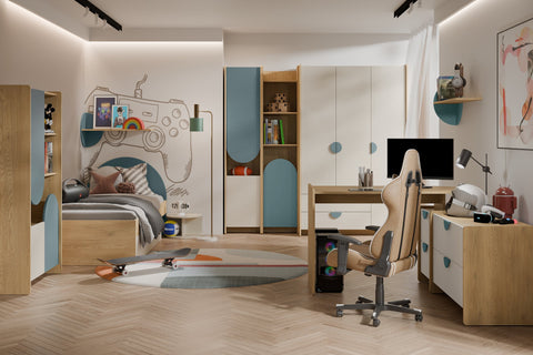 Lexi Bett 90 × 200 cm mit 2 Schubladen im Raum – Cremona Eiche / Macadamia / Meeresblau