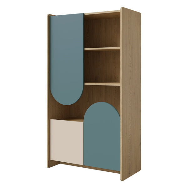 Lexi Regal 83 cm mit 3 Türen und offenen Fächern – Cremona Eiche / Macadamia / Meeresblau