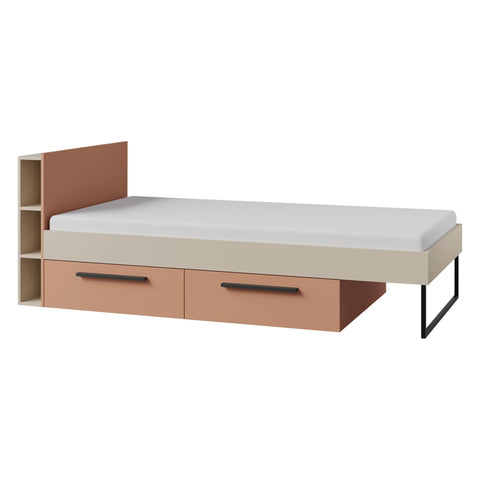 Lorin Bett mit 2 Schubladen und Kopfteil-Regal (ohne Matratze) in Kaschmir / Alpaka