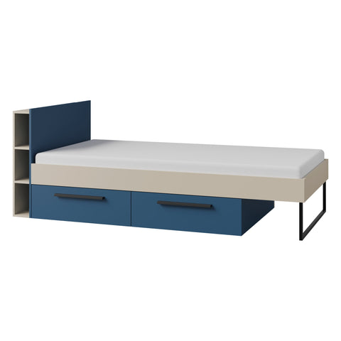 Lorin Bett mit 2 Schubladen und Kopfteil-Regal (ohne Matratze) in Kaschmir / Meeresblau