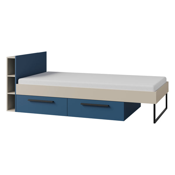 Lorin Bett 90 × 200 cm mit 2 Schubladen und Regal-Kopfteil – Kaschmir / Meeresblau