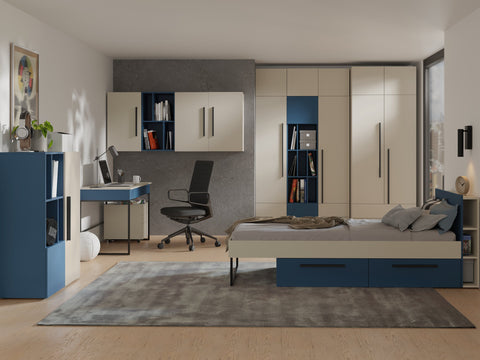 Lorin Bett mit 2 Schubladen und Kopfteil-Regal (ohne Matratze) in Kaschmir / Meeresblau – Ansicht 2
