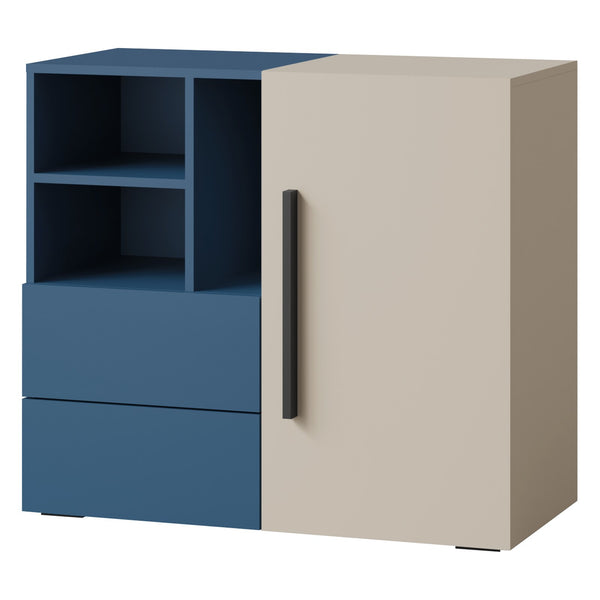Lorin Kommode 90 cm mit 1 Tür, 2 Schubladen und offenen Fächern – Kaschmir / Meeresblau