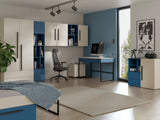 Lorin Bett 90 × 200 cm mit 2 Schubladen und Regal-Kopfteil im Raum – Kaschmir / Meeresblau