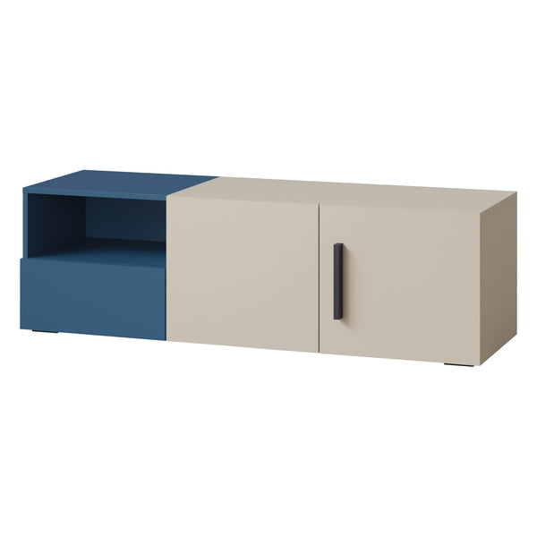Lorin TV-Möbel 135 cm mit 2 Türen, 1 Schublade und offenem Fach – Kaschmir / Meeresblau