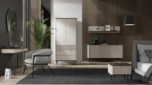 Marly Schlafzimmer-Set 4-teilig mit Kleiderschrank, Sideboard und Konsole / Schminktisch – Kaschmir / Walnuss
