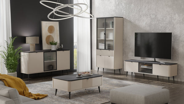 Marly Wohnzimmer-Set 4-teilig mit Vitrine und Sideboard mit Vitrinenteil – Kaschmir / Grauer Stein