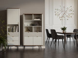 Marly Wohnzimmer-Set 2-teilig mit Hochschrank schmal und Regal mit Türen und Schublade im Raum – Kaschmir / Walnuss