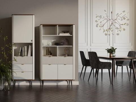 Marly Wohnzimmer-Set 2-teilig mit Hochschrank schmal und Regal mit Türen und Schublade im Raum – Kaschmir / Walnuss