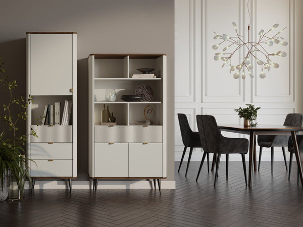 Marly Wohnzimmer-Set 2-teilig mit Hochschrank schmal und Regal mit Türen und Schublade – Kaschmir / Walnuss