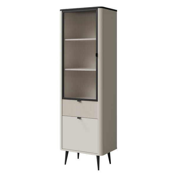 Marly Schmale Vitrine 60 cm mit 1 Glastür, 1 Tür und 1 Schublade – Kaschmir / Grauer Stein