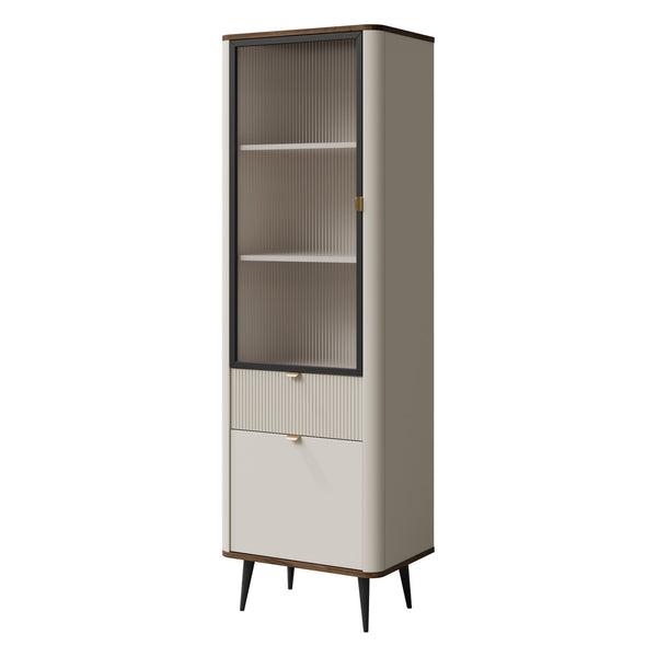 Marly Schmale Vitrine 60 cm mit 1 Glastür, 1 Tür und 1 Schublade – Kaschmir / Walnuss