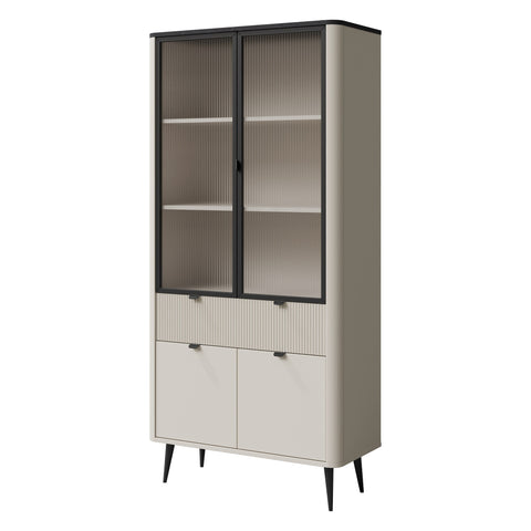 Marly Vitrine 90 cm mit 2 Glastüren, 2 Türen und 1 Schublade – Kaschmir / Grauer Stein