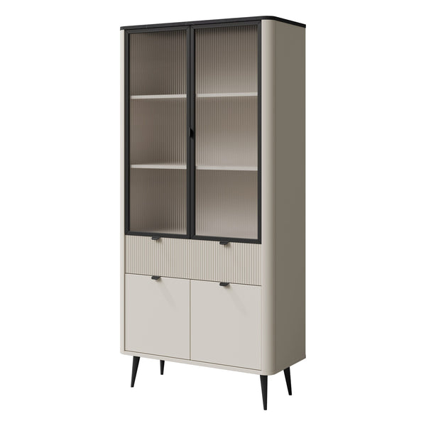 Marly Vitrine 90 cm mit 2 Glastüren, 2 Türen und 1 Schublade – Kaschmir / Grauer Stein
