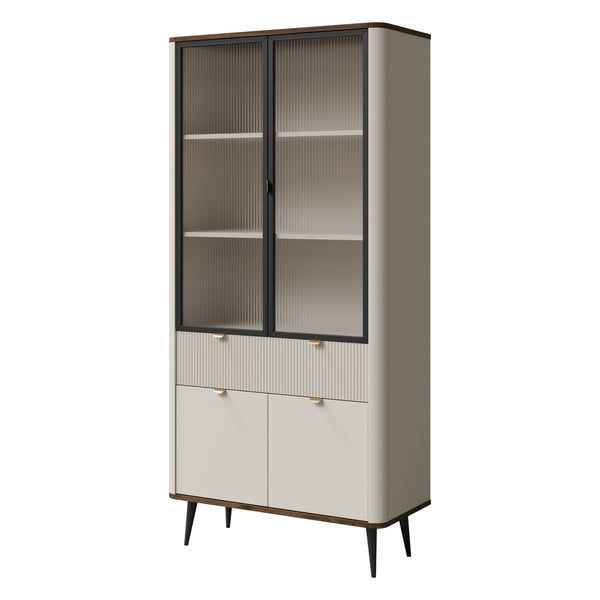 Marly Vitrine 90 cm mit 2 Glastüren, 2 Türen und 1 Schublade – Kaschmir / Walnuss