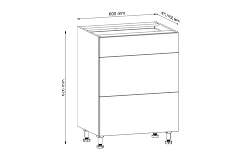 Küchenschrank – Maßbild mit Bemaßung (Breite × Höhe × Tiefe in mm)