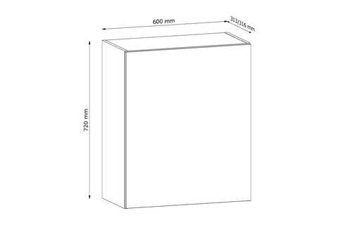 Küchenschrank – Maßbild mit Bemaßung (Breite × Höhe × Tiefe in mm)