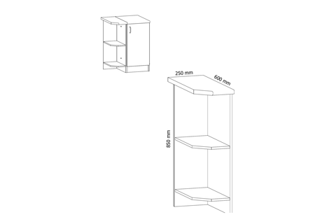 Küchenschrank – Maßbild mit Bemaßung (Breite × Höhe × Tiefe in mm)