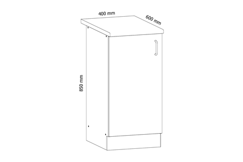 Küchenschrank – Maßbild mit Bemaßung (Breite × Höhe × Tiefe in mm)