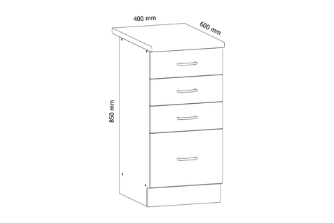 Küchenschrank – Maßbild mit Bemaßung (Breite × Höhe × Tiefe in mm)