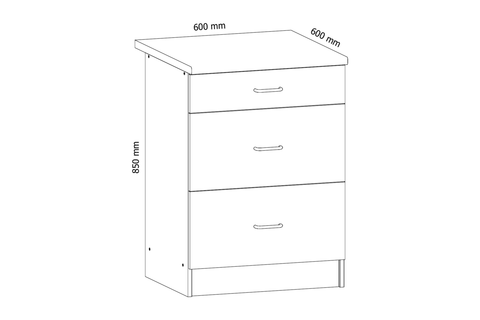 Küchenschrank – Maßbild mit Bemaßung (Breite × Höhe × Tiefe in mm)