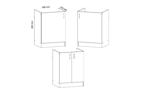 Küchenschrank – Maßbild mit Bemaßung (Breite × Höhe × Tiefe in mm)