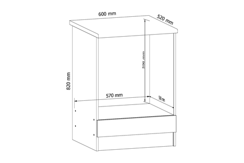 Küchenschrank – Maßbild mit Bemaßung (Breite × Höhe × Tiefe in mm)