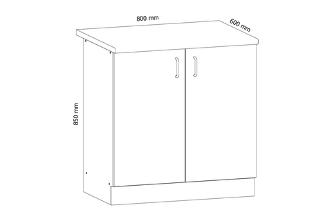 Küchenschrank – Maßbild mit Bemaßung (Breite × Höhe × Tiefe in mm)