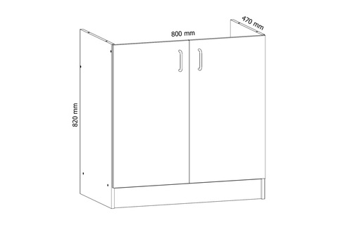 Küchenschrank – Maßbild mit Bemaßung (Breite × Höhe × Tiefe in mm)