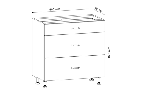 Küchenschrank – Maßbild mit Bemaßung (Breite × Höhe × Tiefe in mm)