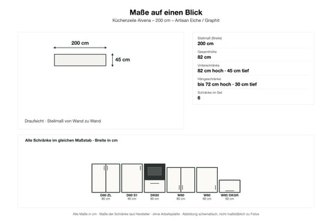Maßzeichnung – Küchenzeile Alvena 200 cm Artisan Eiche / Graphit