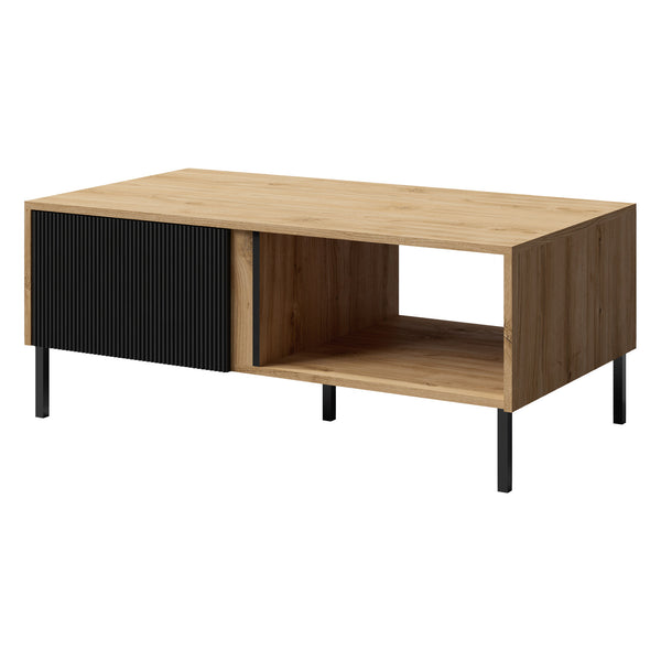 Mia Couchtisch 110 cm mit Klappen und offenem Fach – Eiche Odwieczny / Schwarz