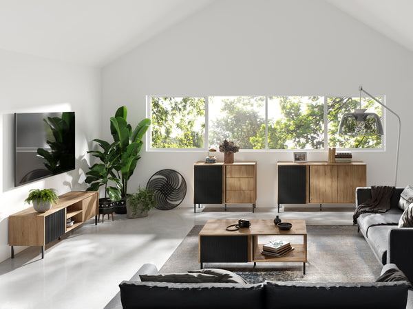 Mia Wohnzimmer-Set 4-teilig mit Kommode, Sideboard, TV-Lowboard und Couchtisch – Eiche Odwieczny / Schwarz