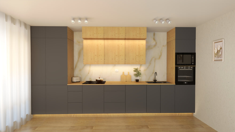 Nexa Küchenmöbel-Set KÜ03-L – Woodline & Grau – Stilvolle 460 cm Küchenlösung mit maximalem Stauraum und moderner Eleganz
