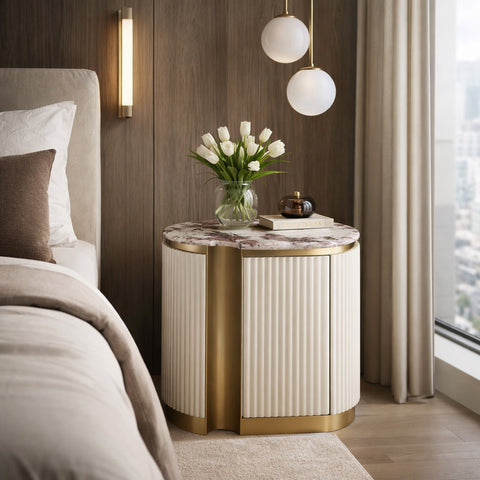 Nachttisch Hillora Taupe/cool dark brown worktop with a marble pattern, Light cream, Golden brass base and accents 60 × 55 × 40 cm (Art.-Nr. CO-P-001025) – Ansicht 5