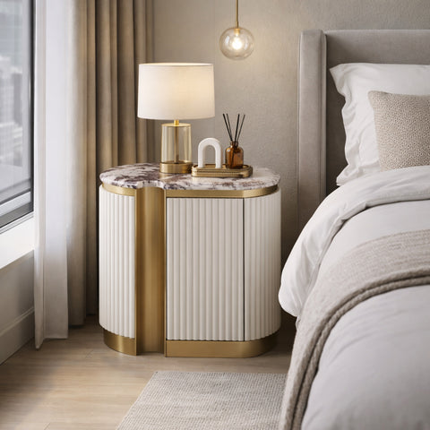 Nachttisch Hillora Taupe/cool dark brown worktop with a marble pattern, Light cream, Golden brass base and accents 60 × 55 × 40 cm (Art.-Nr. CO-P-001025) – Ansicht 6