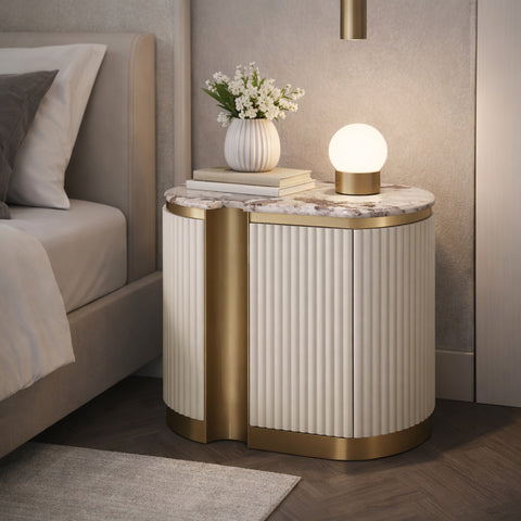 Nachttisch Hillora Taupe/cool dark brown worktop with a marble pattern, Light cream, Golden brass base and accents 60 × 55 × 40 cm (Art.-Nr. CO-P-001025) – Ansicht 8