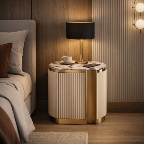 Nachttisch Hillora Taupe/cool dark brown worktop with a marble pattern, Light cream, Golden brass base and accents 60 × 55 × 40 cm (Art.-Nr. CO-P-001026) – Ansicht 5