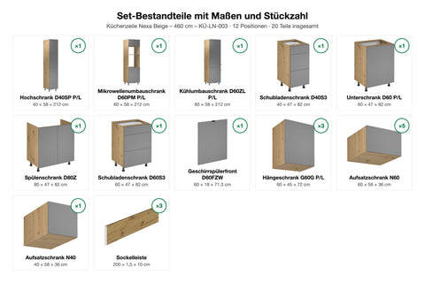 Küchenzeile Nexa Beige – 460 cm – KÜ-LN-003 – Set-Bestandteile mit Maßen und Stückzahl