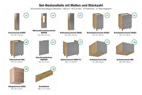 Küchenzeile Nexa Beige & Woodline – 460 cm – KÜ-LN-003 – Set-Bestandteile mit Maßen und Stückzahl