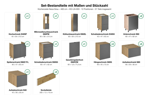 Küchenzeile Nexa Grau – 460 cm – KÜ-LN-003 – Set-Bestandteile mit Maßen und Stückzahl