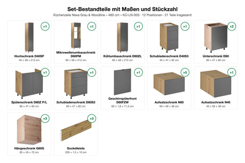 Küchenzeile Nexa Grau & Woodline – 460 cm – KÜ-LN-003 – Set-Bestandteile mit Maßen und Stückzahl