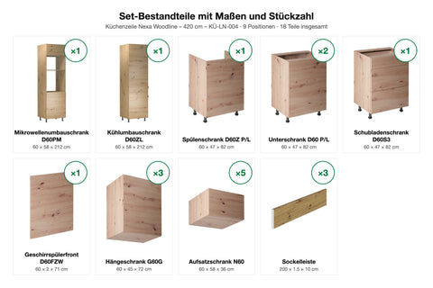 Küchenzeile Nexa Woodline – 420 cm – KÜ-LN-004 – Set-Bestandteile mit Maßen und Stückzahl