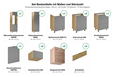 Küchenzeile Nexa Woodline & Beige – 420 cm – KÜ-LN-004 – Set-Bestandteile mit Maßen und Stückzahl