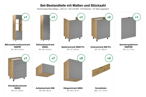 Küchenzeile Nexa Beige – 420 cm – KÜ-LN-005 – Set-Bestandteile mit Maßen und Stückzahl